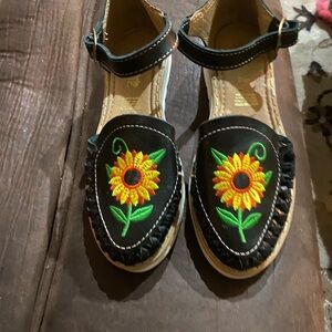 Black Sandals with Sunflower Embroidery